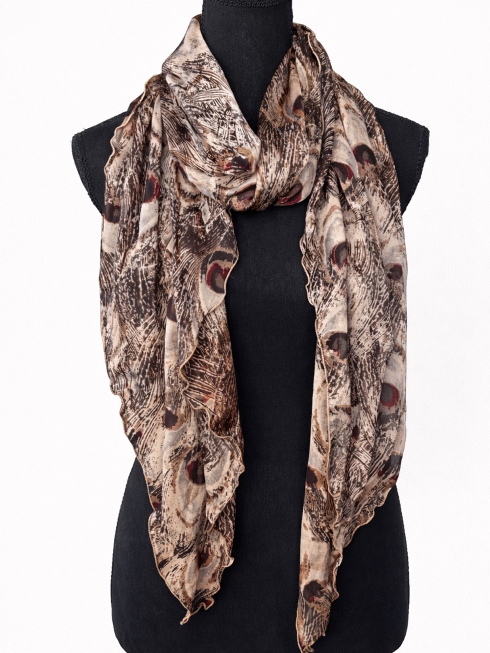 Feather Print Scarf Brown Beige Boho Lightweight Sheer Wrap